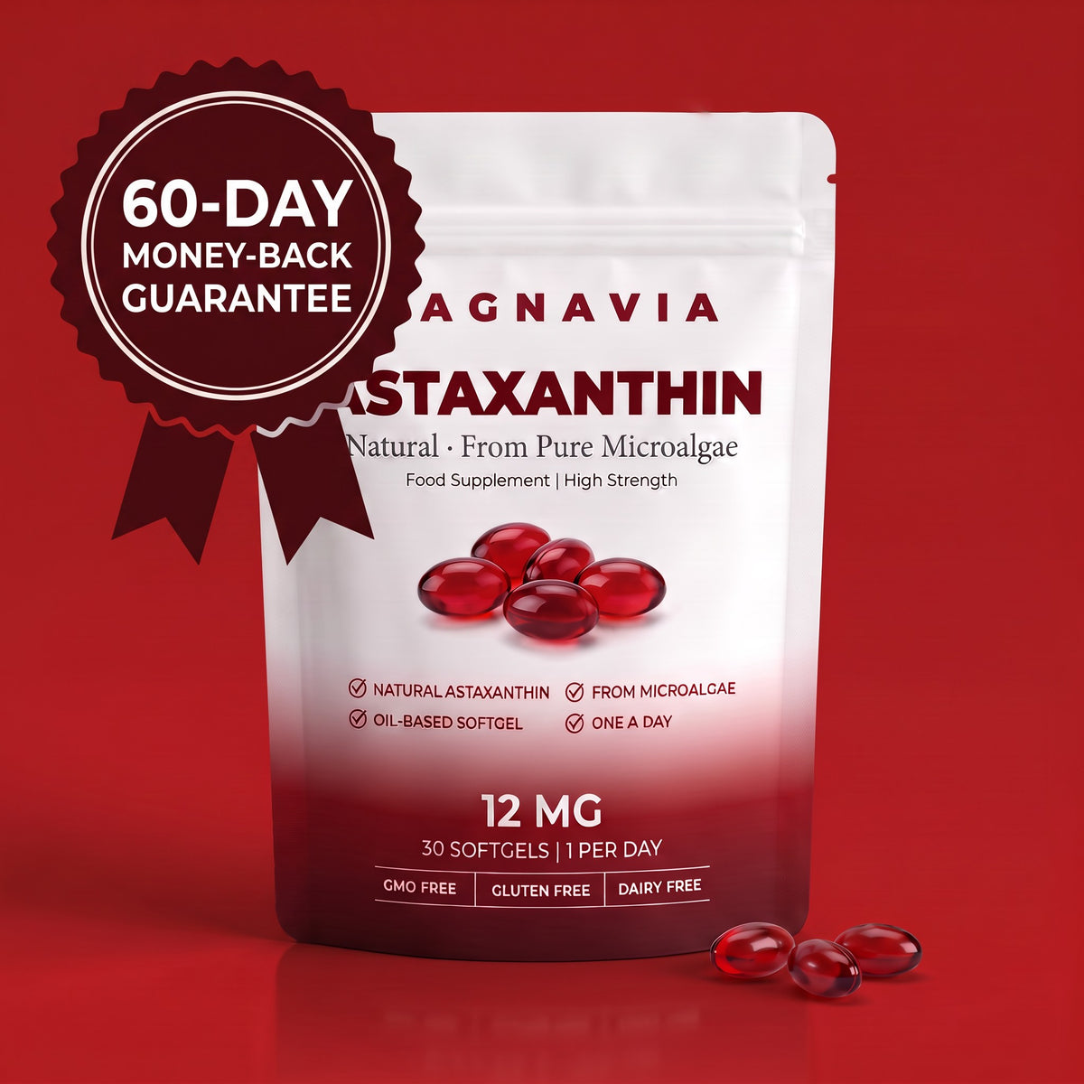 Magnavia Natural Astaxanthin 12mg, 30 red softgels in a white and deep red pouch