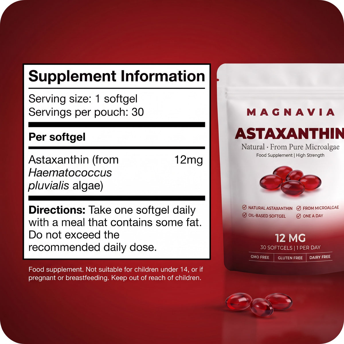 Magnavia Natural Astaxanthin 12mg, 30 red softgels in a white and deep red pouch