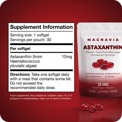Magnavia Natural Astaxanthin 12mg, 30 red softgels in a white and deep red pouch