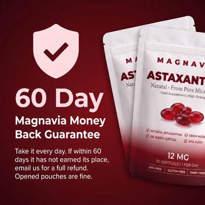 Magnavia Natural Astaxanthin 12mg, 30 red softgels in a white and deep red pouch