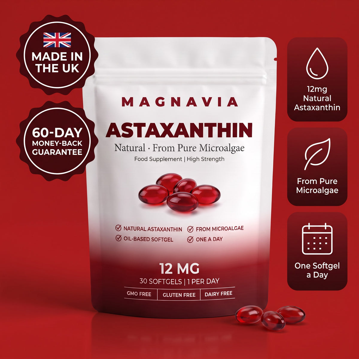 Magnavia Natural Astaxanthin 12mg, 30 red softgels in a white and deep red pouch
