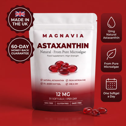 Magnavia Natural Astaxanthin 12mg, 30 red softgels in a white and deep red pouch