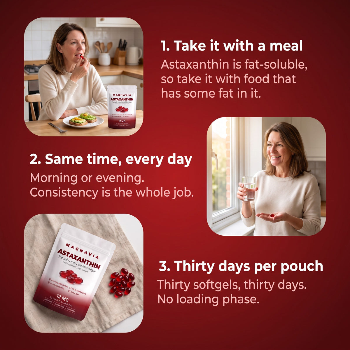 Magnavia Natural Astaxanthin 12mg, 30 red softgels in a white and deep red pouch