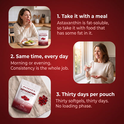 Magnavia Natural Astaxanthin 12mg, 30 red softgels in a white and deep red pouch