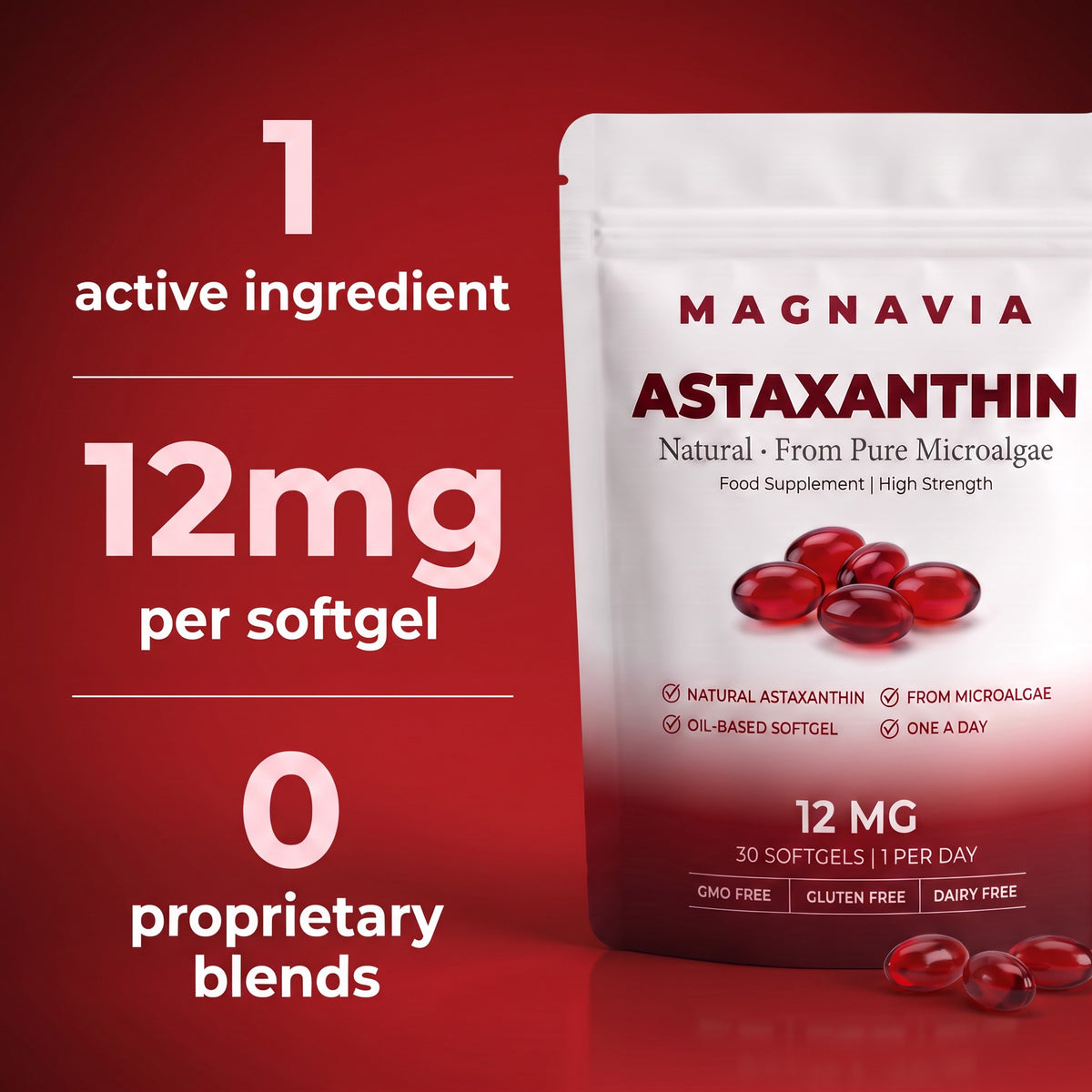 Magnavia Natural Astaxanthin 12mg, 30 red softgels in a white and deep red pouch