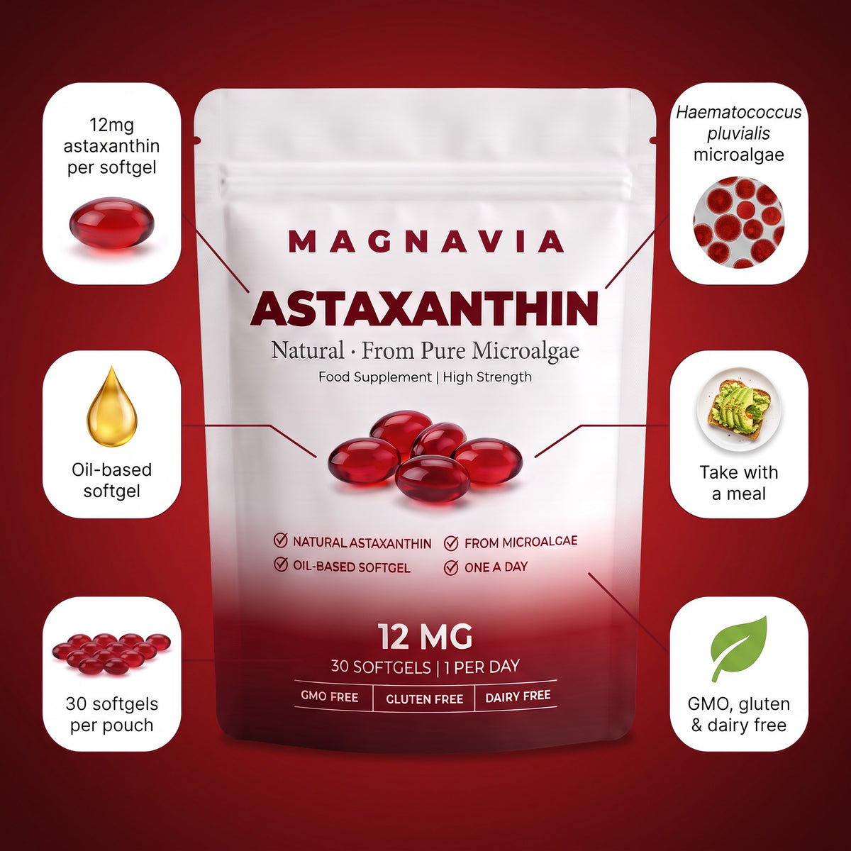 Magnavia Natural Astaxanthin 12mg, 30 red softgels in a white and deep red pouch