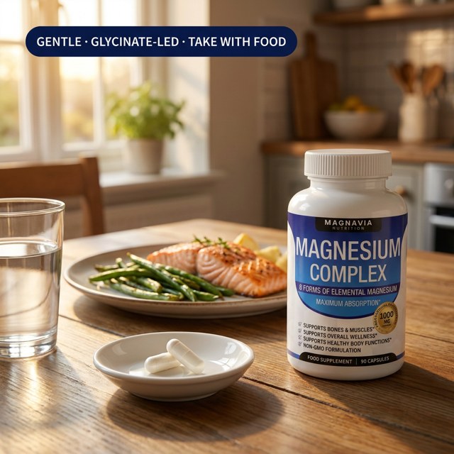 Gentle, glycinate-led, taken with food