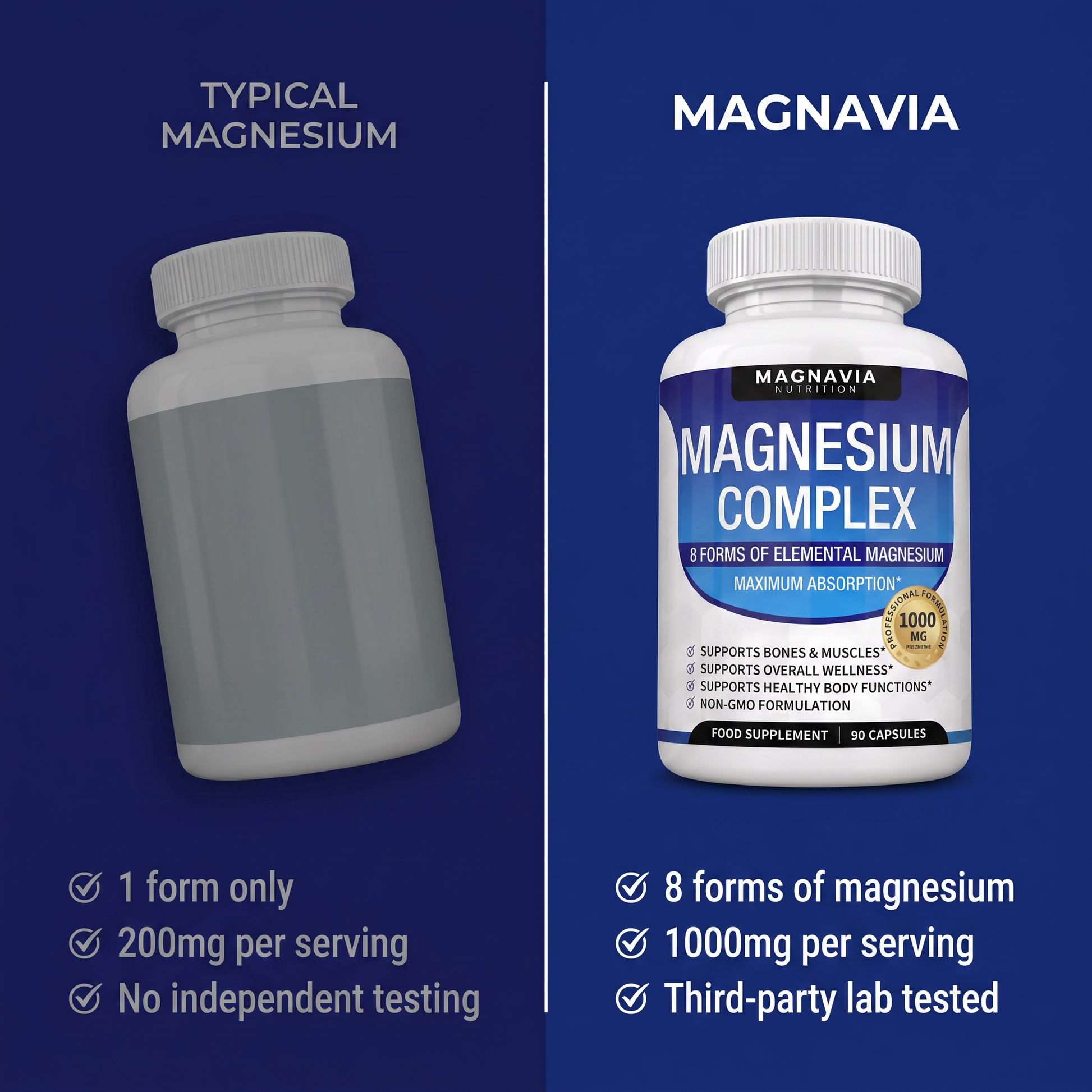 Typical single-form magnesium compared with Magnavia 8 forms at 1000mg